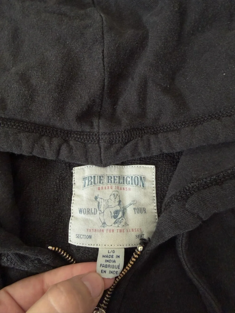 True Religion Black World Tour Zip Up Hoodie Buddha Guitar Logo Y2K